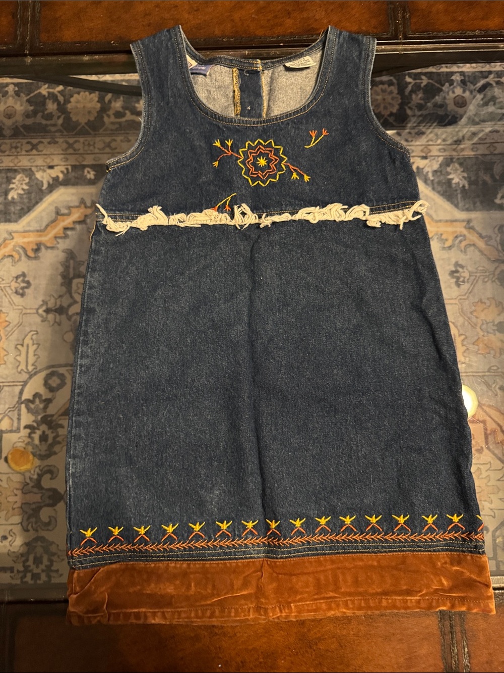 Faded Glory Blue Denim Tank Dress with Rust Velvet Hem